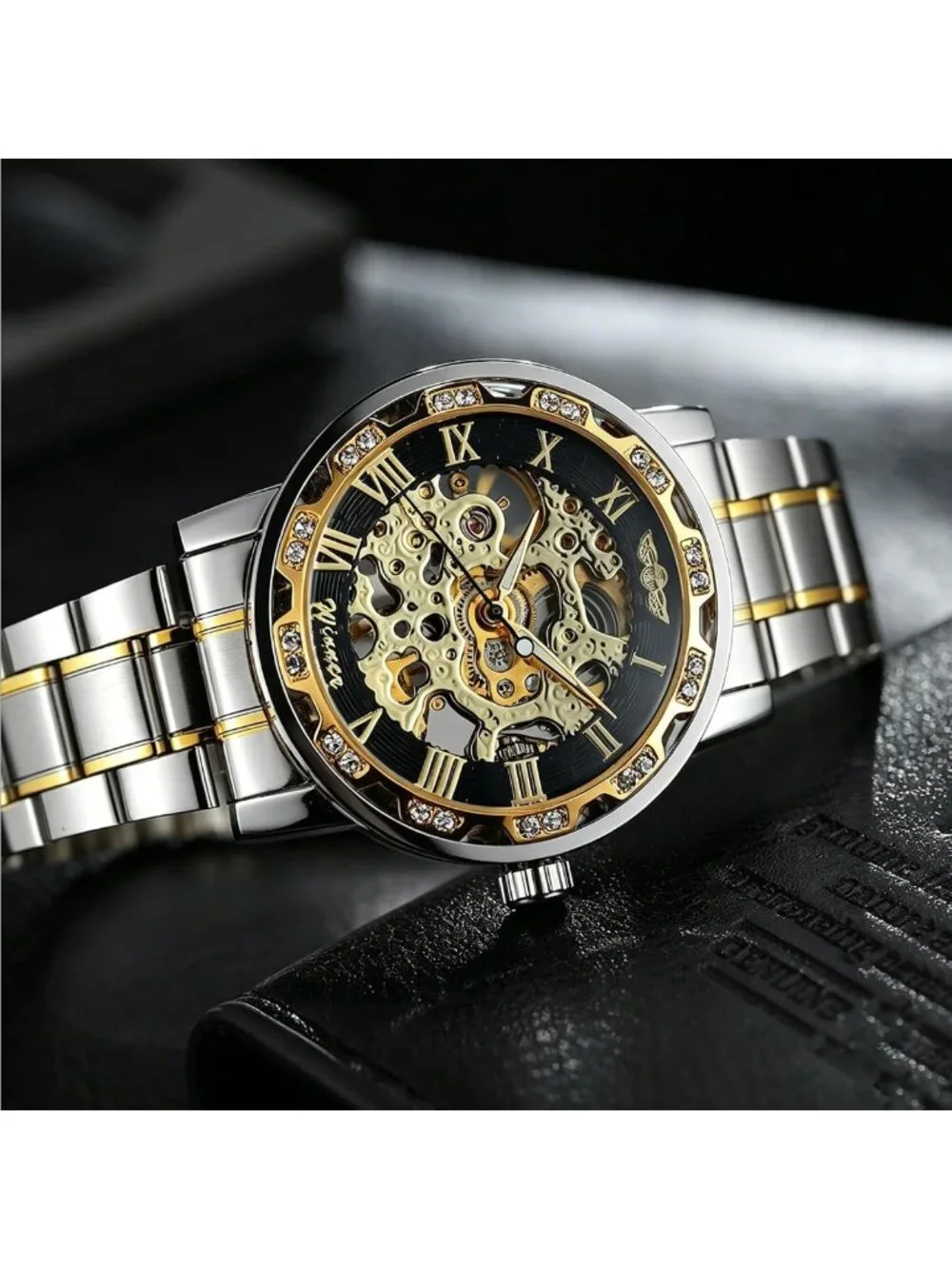 Vintage-Inspired Mechanical Skeleton Watch with Diamond Accents & Floral Design